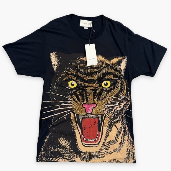 Gucci | Oversized Feline Print T-shirt Top Embroidered Beaded Size Small - Picture 2 of 11
